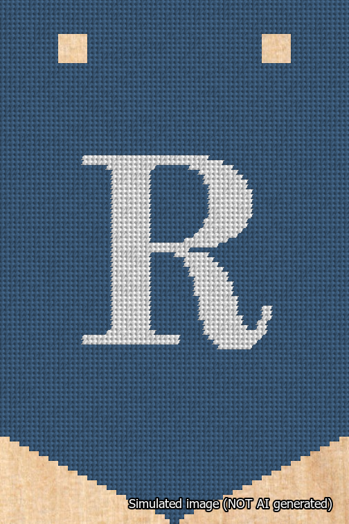 A simulated image of the stitched needlepoint design: Banner 18m Pointed R White on Blue. Not A.I. generated.