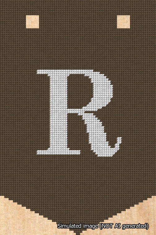 A simulated image of the stitched needlepoint design: Banner 18m Pointed R White on Brown. Not A.I. generated.