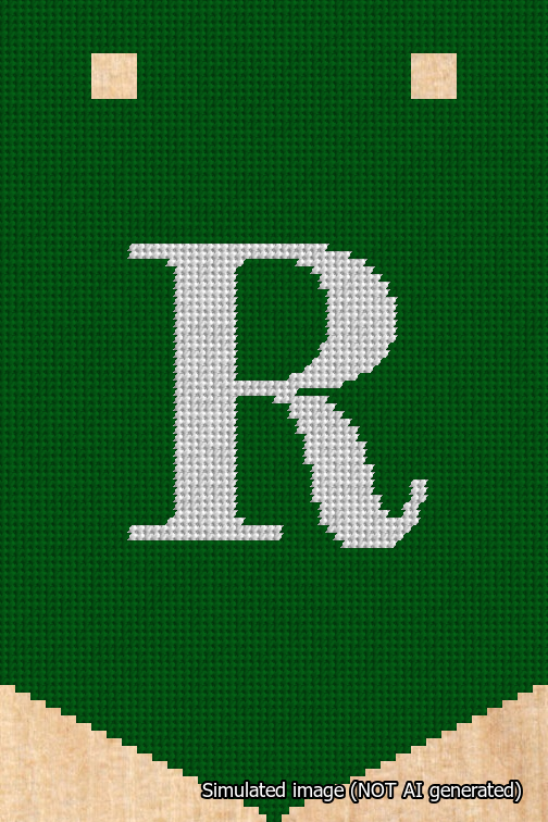 A simulated image of the stitched needlepoint design: Banner 18m Pointed R White on Green. Not A.I. generated.
