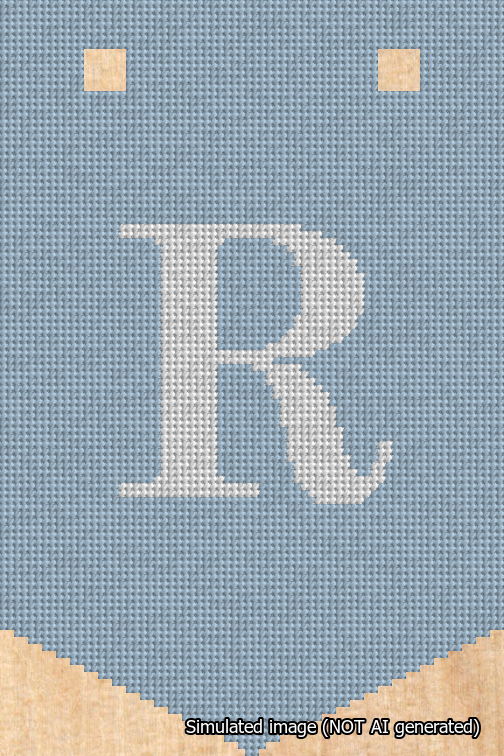 A simulated image of the stitched needlepoint design: Banner 18m Pointed R White on Light Blue. Not A.I. generated.