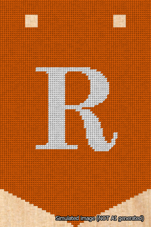 A simulated image of the stitched needlepoint design: Banner 18m Pointed R White on Orange. Not A.I. generated.