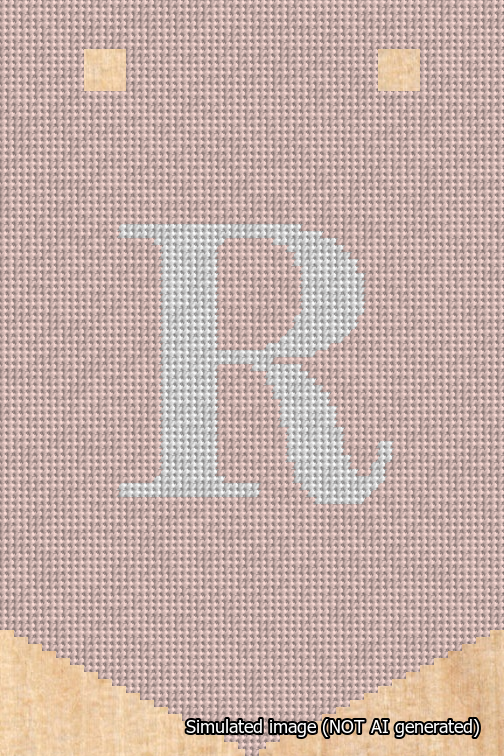 A simulated image of the stitched needlepoint design: Banner 18m Pointed R White on Pink. Not A.I. generated.