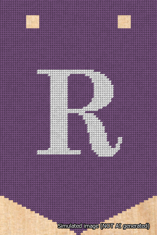 A simulated image of the stitched needlepoint design: Banner 18m Pointed R White on Purple. Not A.I. generated.