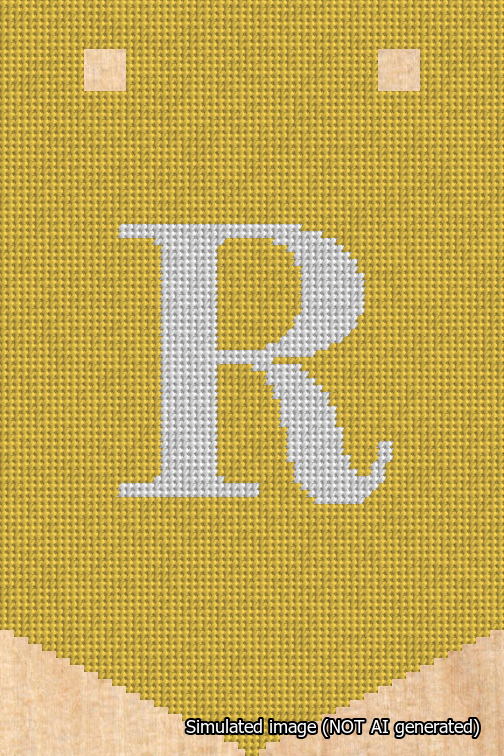 A simulated image of the stitched needlepoint design: Banner 18m Pointed R White on Yellow. Not A.I. generated.