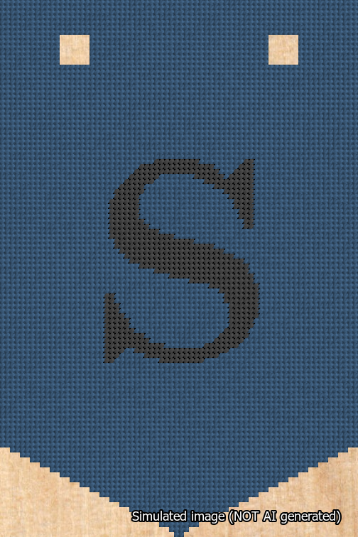 A simulated image of the stitched needlepoint design: Banner 18m Pointed S Black on Blue. Not A.I. generated.