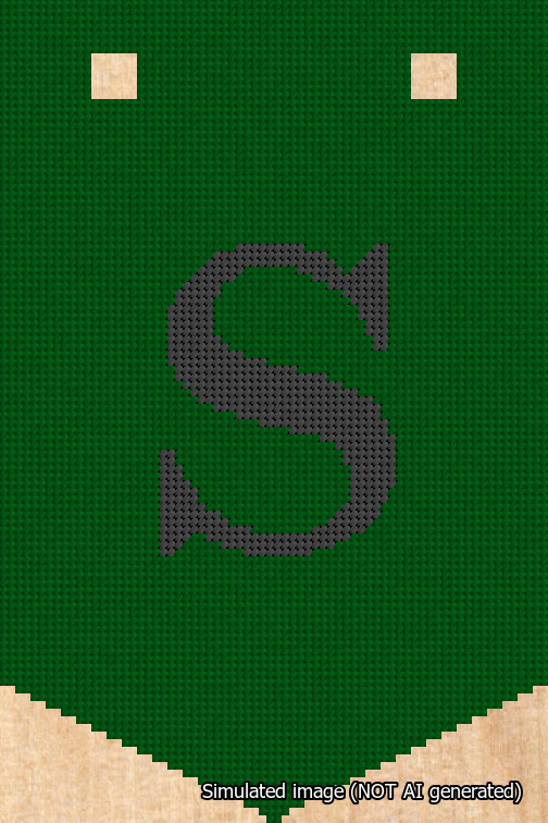 A simulated image of the stitched needlepoint design: Banner 18m Pointed S Black on Green. Not A.I. generated.