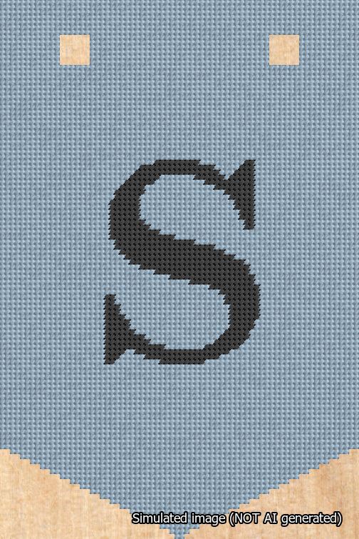 A simulated image of the stitched needlepoint design: Banner 18m Pointed S Black on Light Blue. Not A.I. generated.