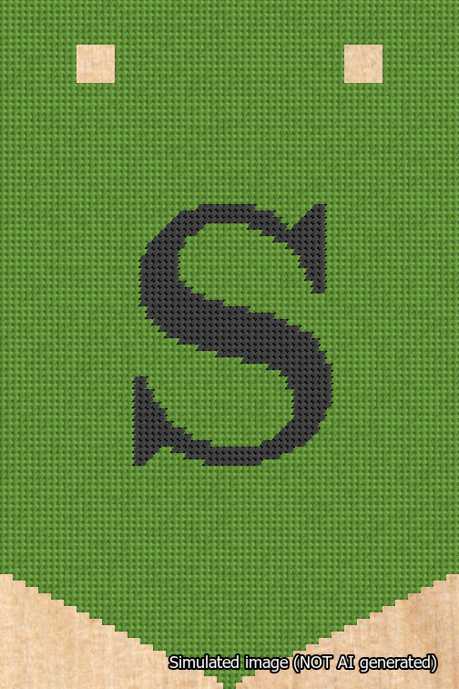 A simulated image of the stitched needlepoint design: Banner 18m Pointed S Black on Light Green. Not A.I. generated.