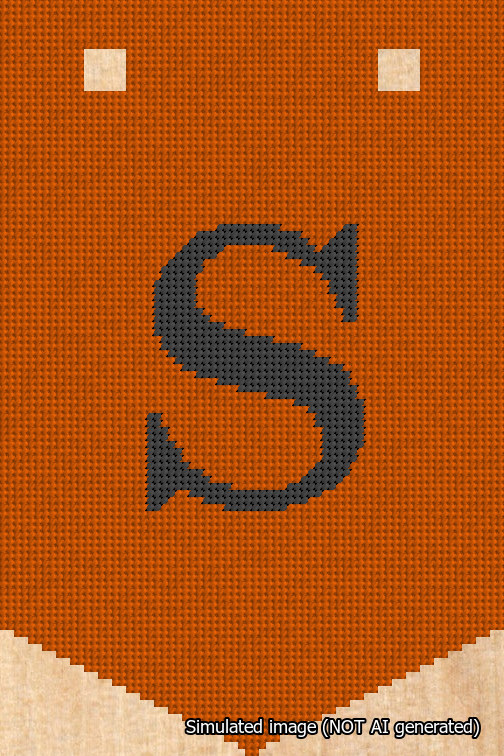 A simulated image of the stitched needlepoint design: Banner 18m Pointed S Black on Orange. Not A.I. generated.