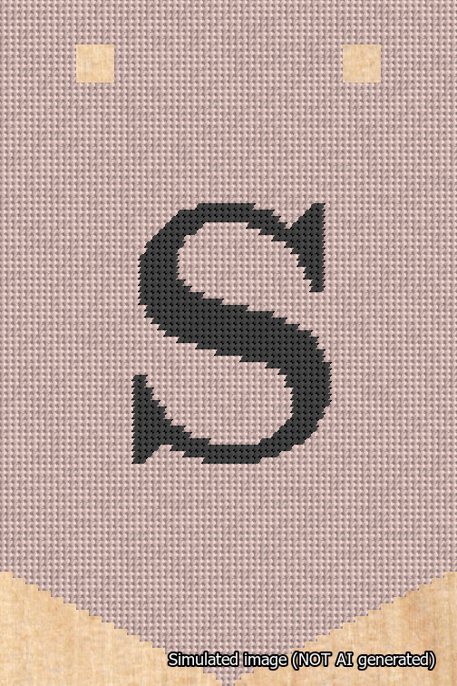 A simulated image of the stitched needlepoint design: Banner 18m Pointed S Black on Pink. Not A.I. generated.