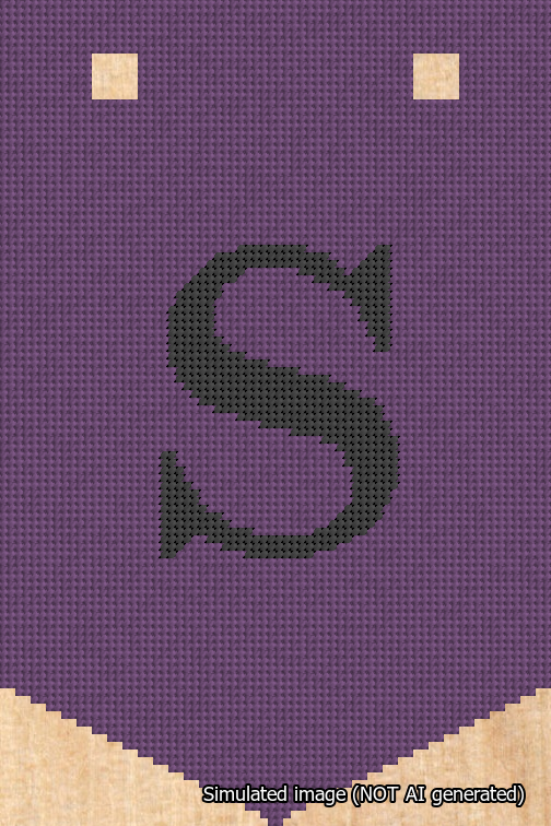 A simulated image of the stitched needlepoint design: Banner 18m Pointed S Black on Purple. Not A.I. generated.