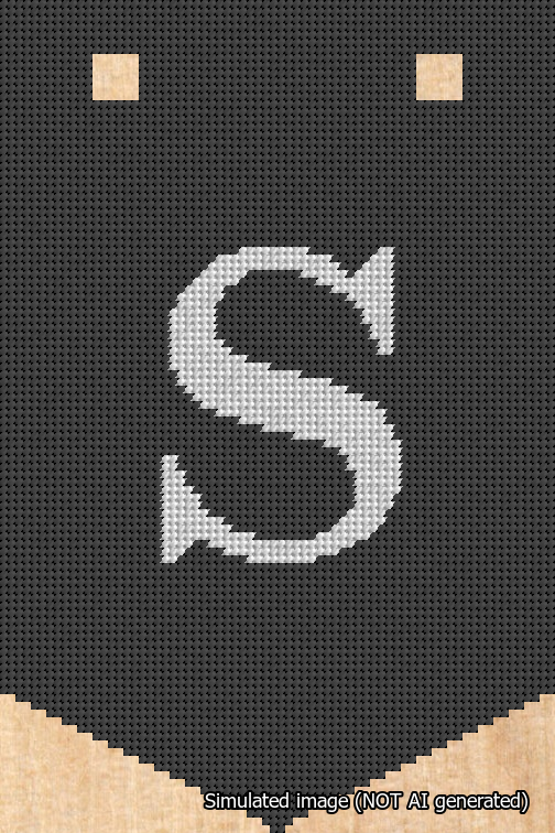 A simulated image of the stitched needlepoint design: Banner 18m Pointed S White on Black. Not A.I. generated.