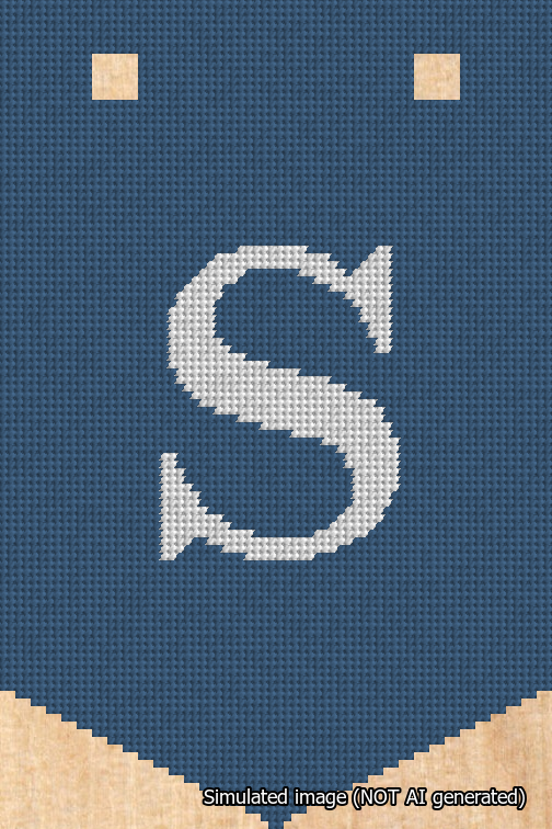 A simulated image of the stitched needlepoint design: Banner 18m Pointed S White on Blue. Not A.I. generated.