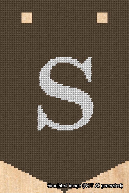 A simulated image of the stitched needlepoint design: Banner 18m Pointed S White on Brown. Not A.I. generated.
