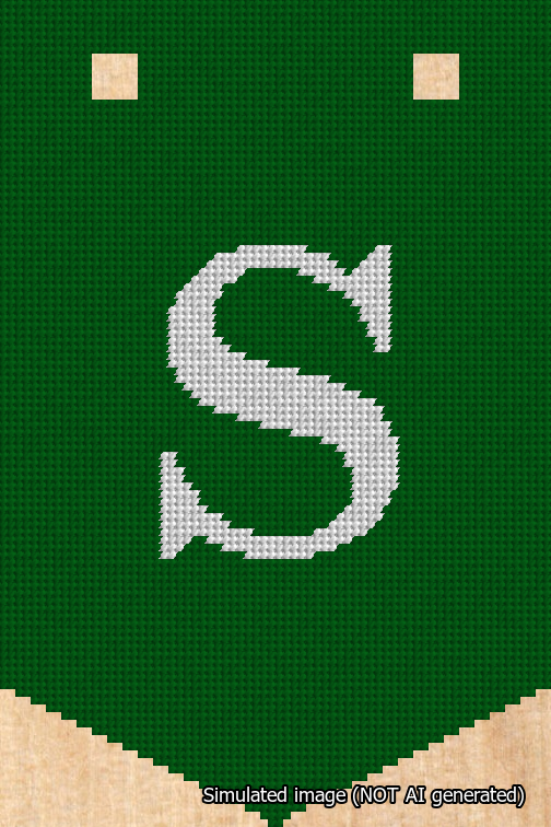 A simulated image of the stitched needlepoint design: Banner 18m Pointed S White on Green. Not A.I. generated.