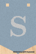 A simulated image of the stitched needlepoint design: Banner 18m Pointed S White on Light Blue. Not A.I. generated.