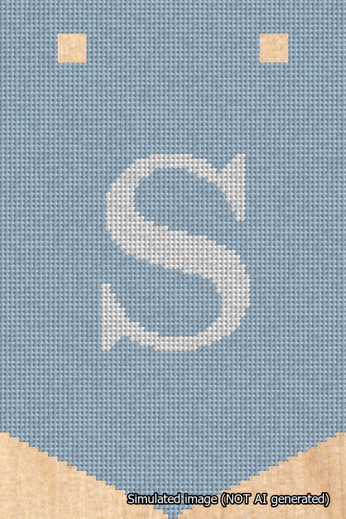 A simulated image of the stitched needlepoint design: Banner 18m Pointed S White on Light Blue. Not A.I. generated.