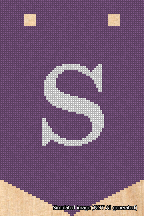 A simulated image of the stitched needlepoint design: Banner 18m Pointed S White on Purple. Not A.I. generated.