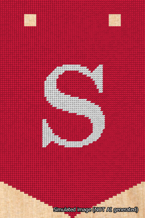 A simulated image of the stitched needlepoint design: Banner 18m Pointed S White on Red. Not A.I. generated.