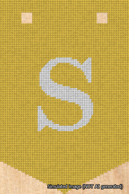 A simulated image of the stitched needlepoint design: Banner 18m Pointed S White on Yellow. Not A.I. generated.
