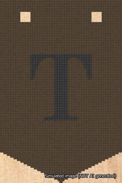 A simulated image of the stitched needlepoint design: Banner 18m Pointed T Black on Brown. Not A.I. generated.