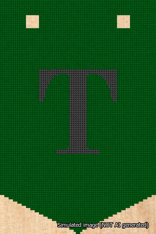 A simulated image of the stitched needlepoint design: Banner 18m Pointed T Black on Green. Not A.I. generated.