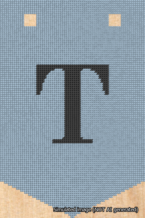 A simulated image of the stitched needlepoint design: Banner 18m Pointed T Black on Light Blue. Not A.I. generated.