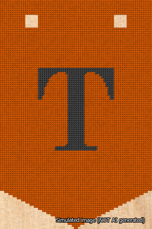 A simulated image of the stitched needlepoint design: Banner 18m Pointed T Black on Orange. Not A.I. generated.