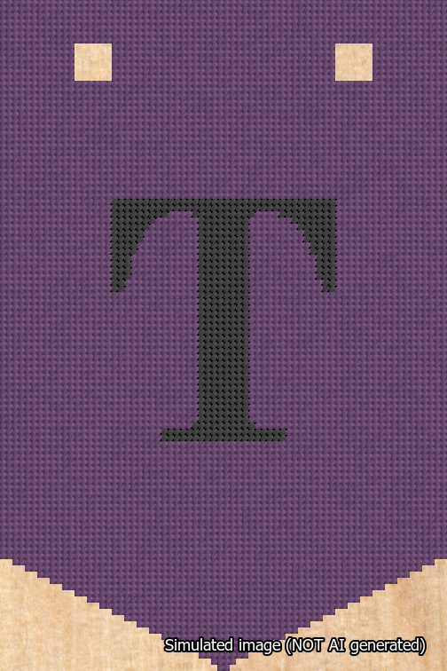 A simulated image of the stitched needlepoint design: Banner 18m Pointed T Black on Purple. Not A.I. generated.