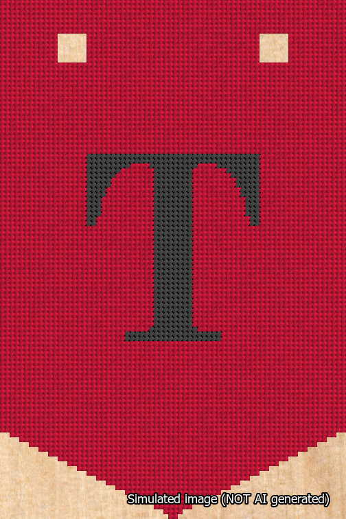 A simulated image of the stitched needlepoint design: Banner 18m Pointed T Black on Red. Not A.I. generated.