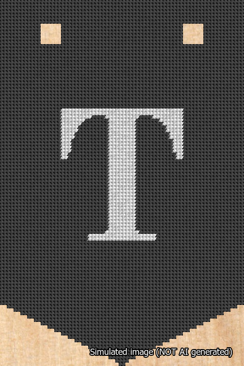 A simulated image of the stitched needlepoint design: Banner 18m Pointed T White on Black. Not A.I. generated.