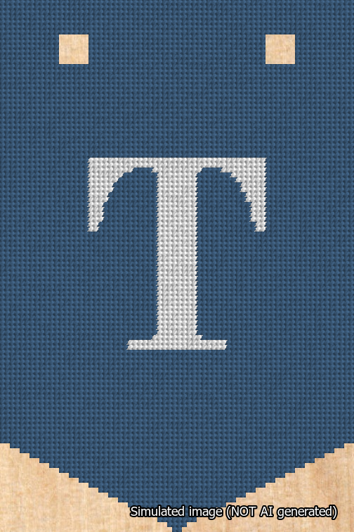 A simulated image of the stitched needlepoint design: Banner 18m Pointed T White on Blue. Not A.I. generated.