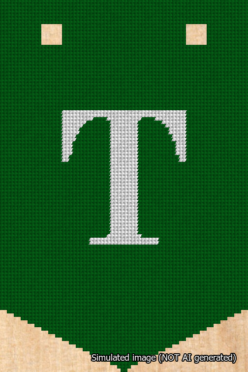 A simulated image of the stitched needlepoint design: Banner 18m Pointed T White on Green. Not A.I. generated.