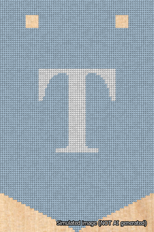 A simulated image of the stitched needlepoint design: Banner 18m Pointed T White on Light Blue. Not A.I. generated.