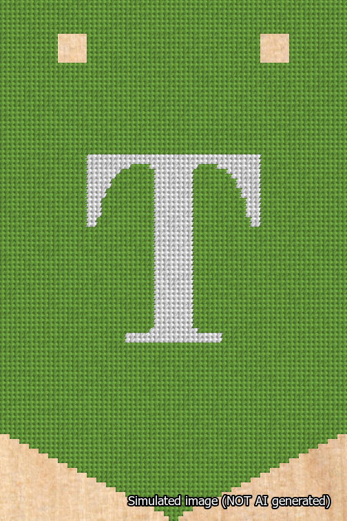 A simulated image of the stitched needlepoint design: Banner 18m Pointed T White on Light Green. Not A.I. generated.