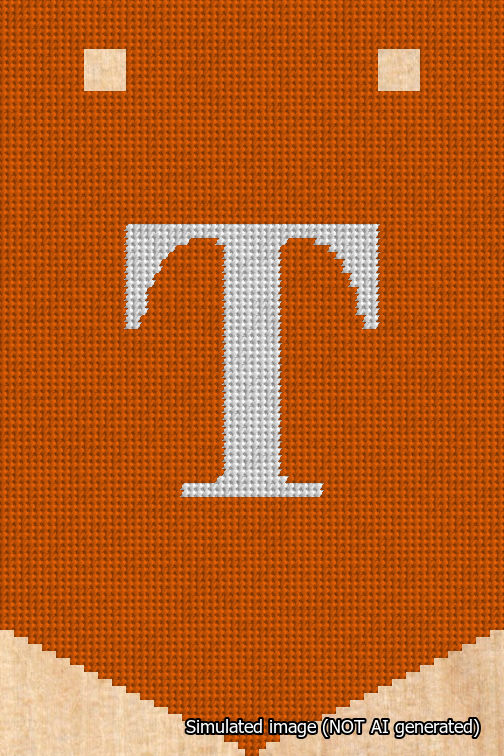 A simulated image of the stitched needlepoint design: Banner 18m Pointed T White on Orange. Not A.I. generated.
