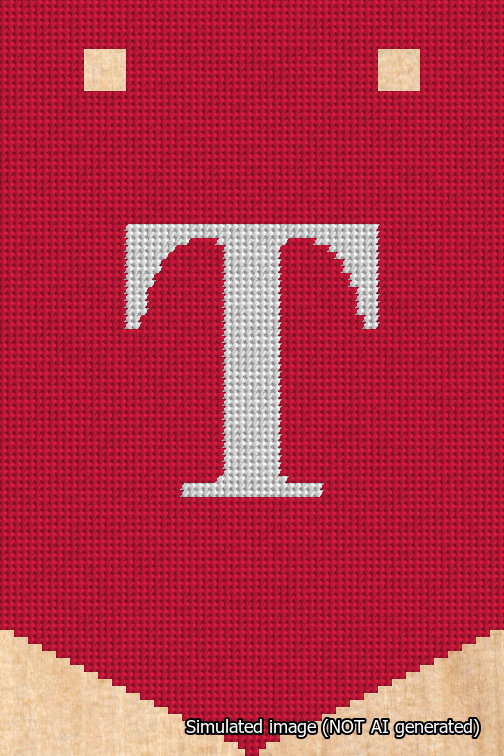 A simulated image of the stitched needlepoint design: Banner 18m Pointed T White on Red. Not A.I. generated.