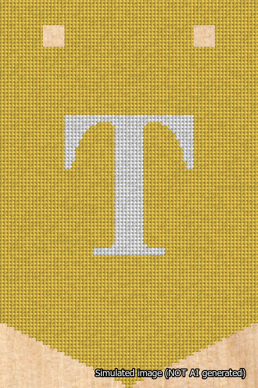 A simulated image of the stitched needlepoint design: Banner 18m Pointed T White on Yellow. Not A.I. generated.
