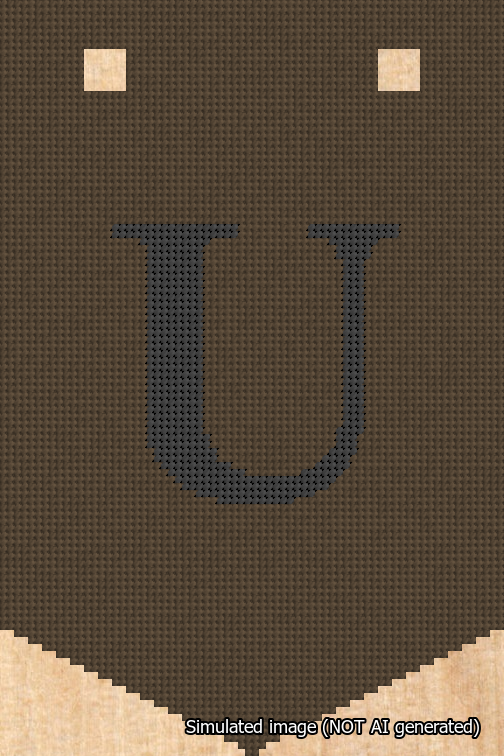 A simulated image of the stitched needlepoint design: Banner 18m Pointed U Black on Brown. Not A.I. generated.