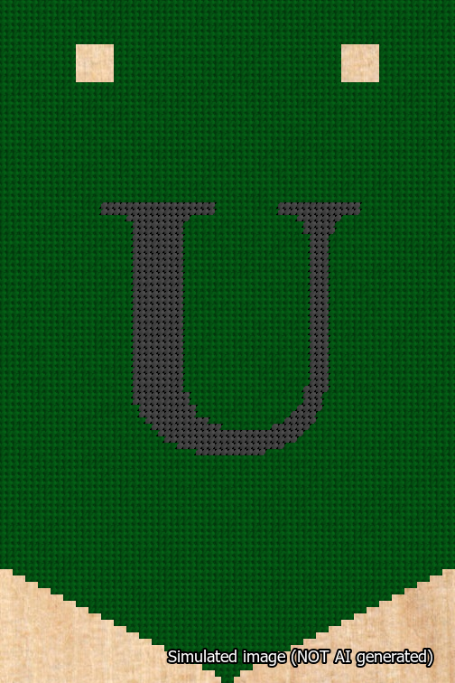 A simulated image of the stitched needlepoint design: Banner 18m Pointed U Black on Green. Not A.I. generated.