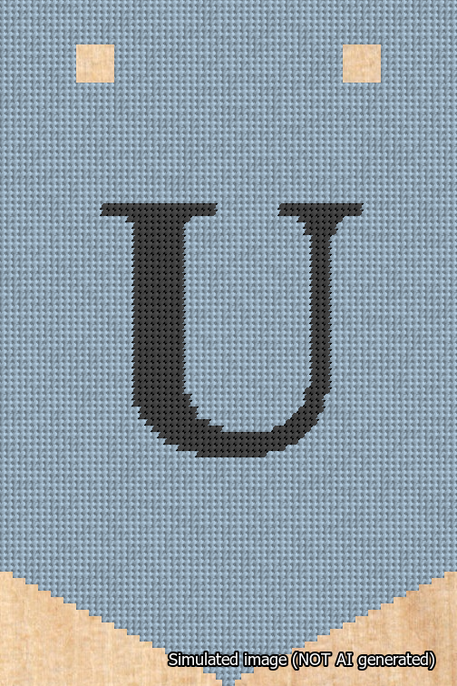 A simulated image of the stitched needlepoint design: Banner 18m Pointed U Black on Light Blue. Not A.I. generated.