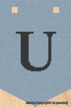 A simulated image of the stitched needlepoint design: Banner 18m Pointed U Black on Light Blue. Not A.I. generated.