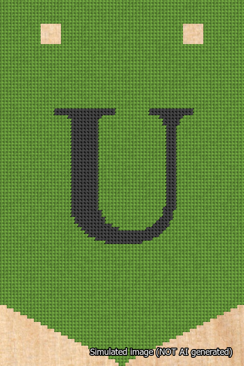 A simulated image of the stitched needlepoint design: Banner 18m Pointed U Black on Light Green. Not A.I. generated.