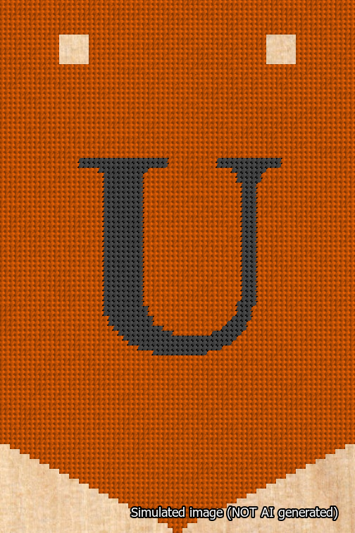 A simulated image of the stitched needlepoint design: Banner 18m Pointed U Black on Orange. Not A.I. generated.