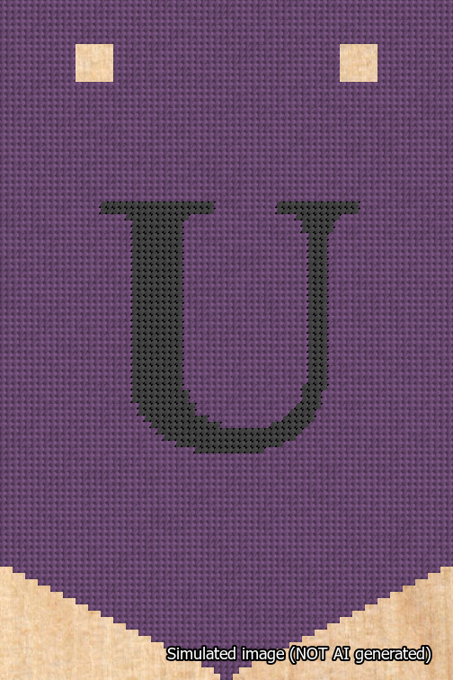 A simulated image of the stitched needlepoint design: Banner 18m Pointed U Black on Purple. Not A.I. generated.