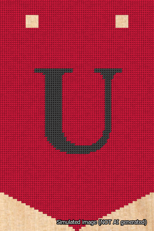 A simulated image of the stitched needlepoint design: Banner 18m Pointed U Black on Red. Not A.I. generated.