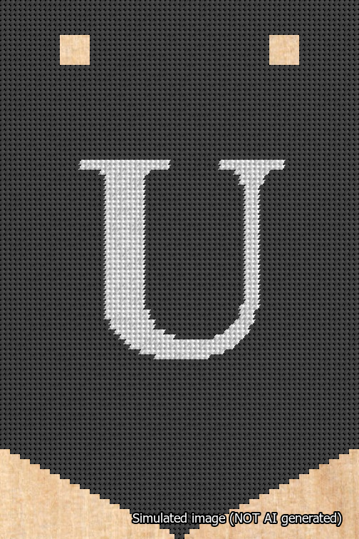 A simulated image of the stitched needlepoint design: Banner 18m Pointed U White on Black. Not A.I. generated.