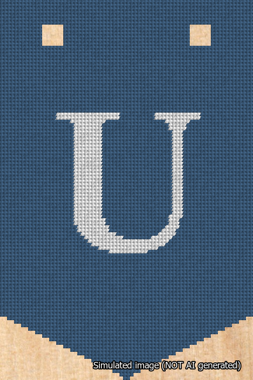 A simulated image of the stitched needlepoint design: Banner 18m Pointed U White on Blue. Not A.I. generated.