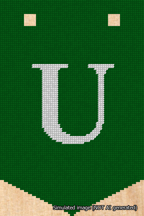 A simulated image of the stitched needlepoint design: Banner 18m Pointed U White on Green. Not A.I. generated.