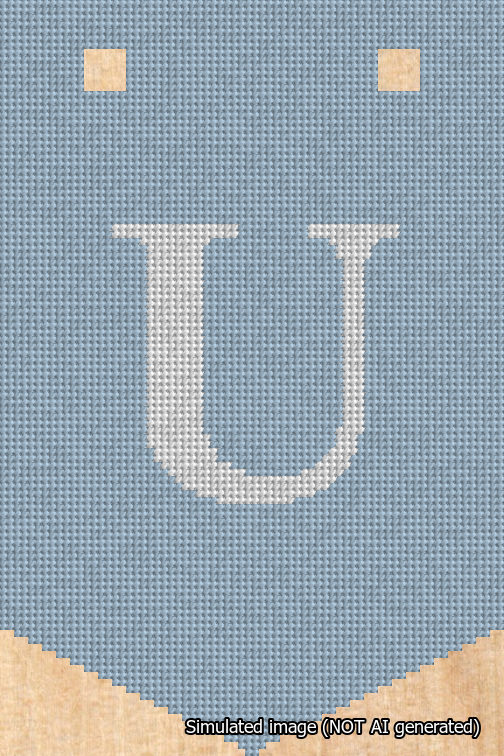 A simulated image of the stitched needlepoint design: Banner 18m Pointed U White on Light Blue. Not A.I. generated.
